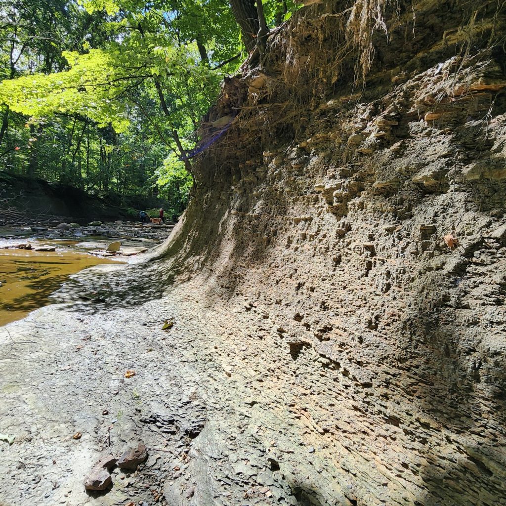 Photo of the strata of stone on the riverbank.