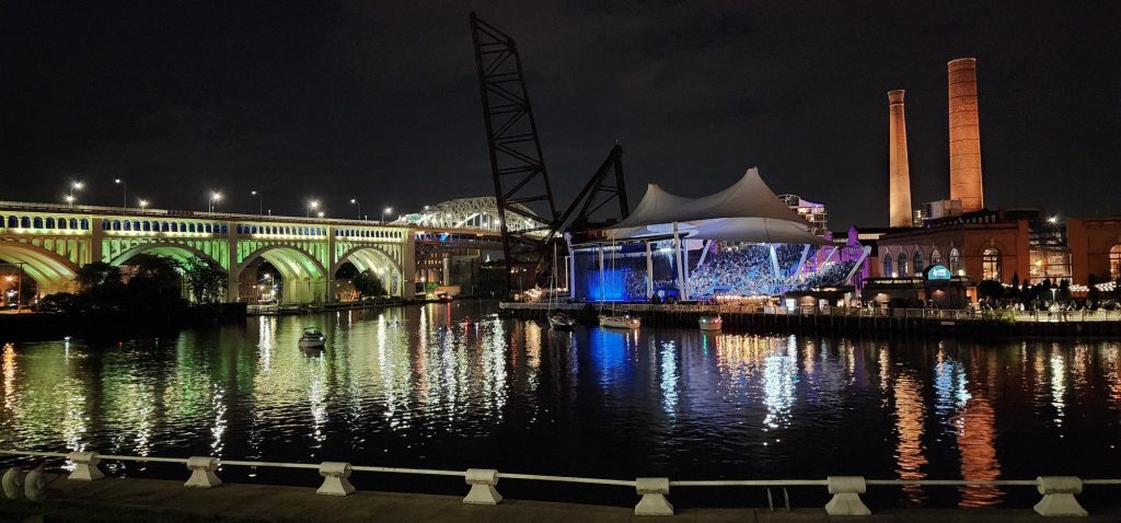 Photo of the Pavilion across the Cuyahogo River.