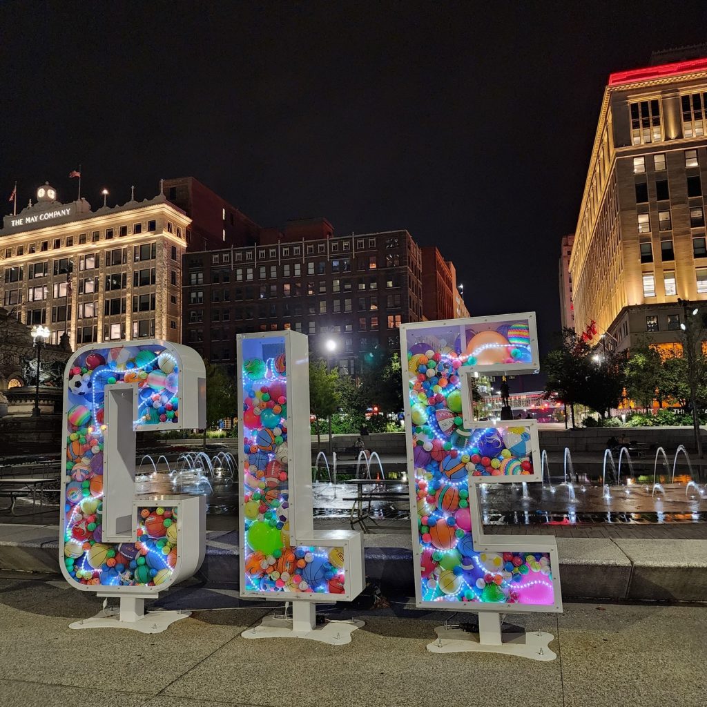 Photo of a "CLE" sculpture.